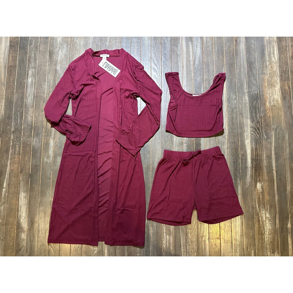 Fuyukai Womens 3 Piece Ribbed Lounge Set Duster Crop Top Shorts Burgundy Wine